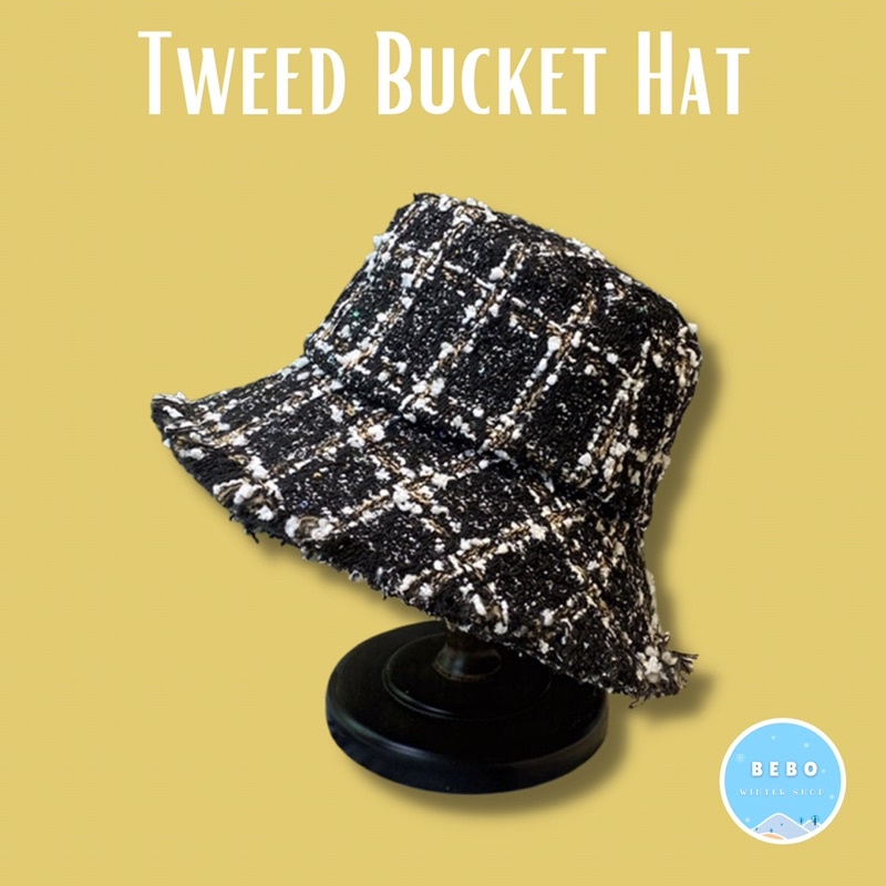 Bucket Hat Wanita Bahan Tweed Topi Bucket