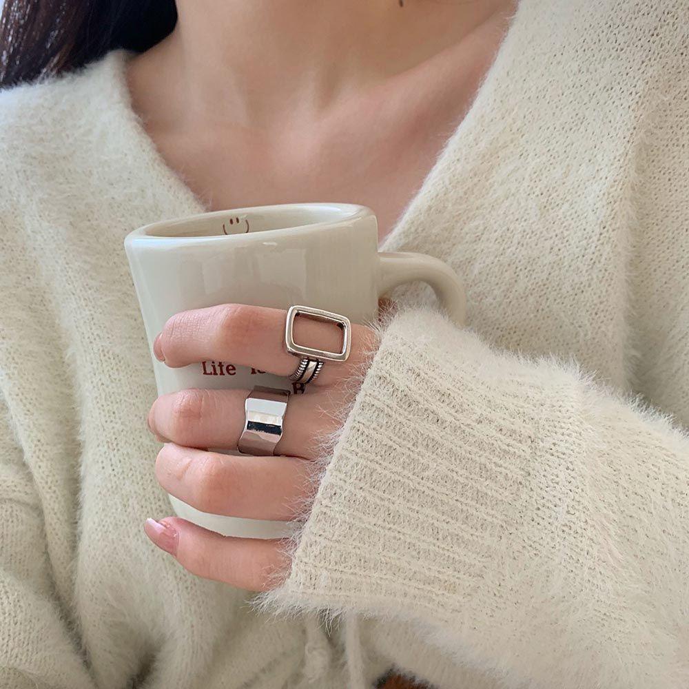 Mxbeauty Wanita Pembukaan Cincin Elegan 2Pcs/set Tidak Teratur Warna Perak Kepribadian Temperamen Geometris