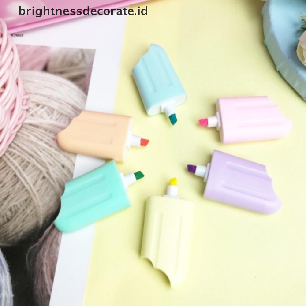 6pcs / Pak Highlighter Bentuk Es Krim Warna Permen Untuk Perlengkapan Sekolah / Kantor