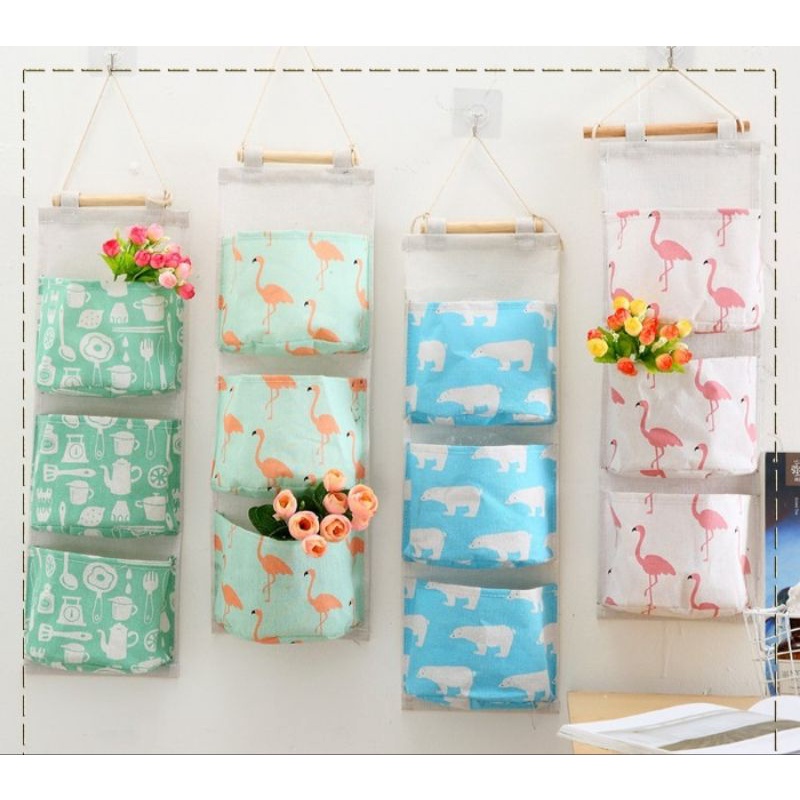 TEMPAT PENYIMPANAN ORGANIZER STORAGE BAG RAK GANTUNG KAIN KANVAS 3 SEKAT KOREA IMPORT PREMIUM SERBAGUNA