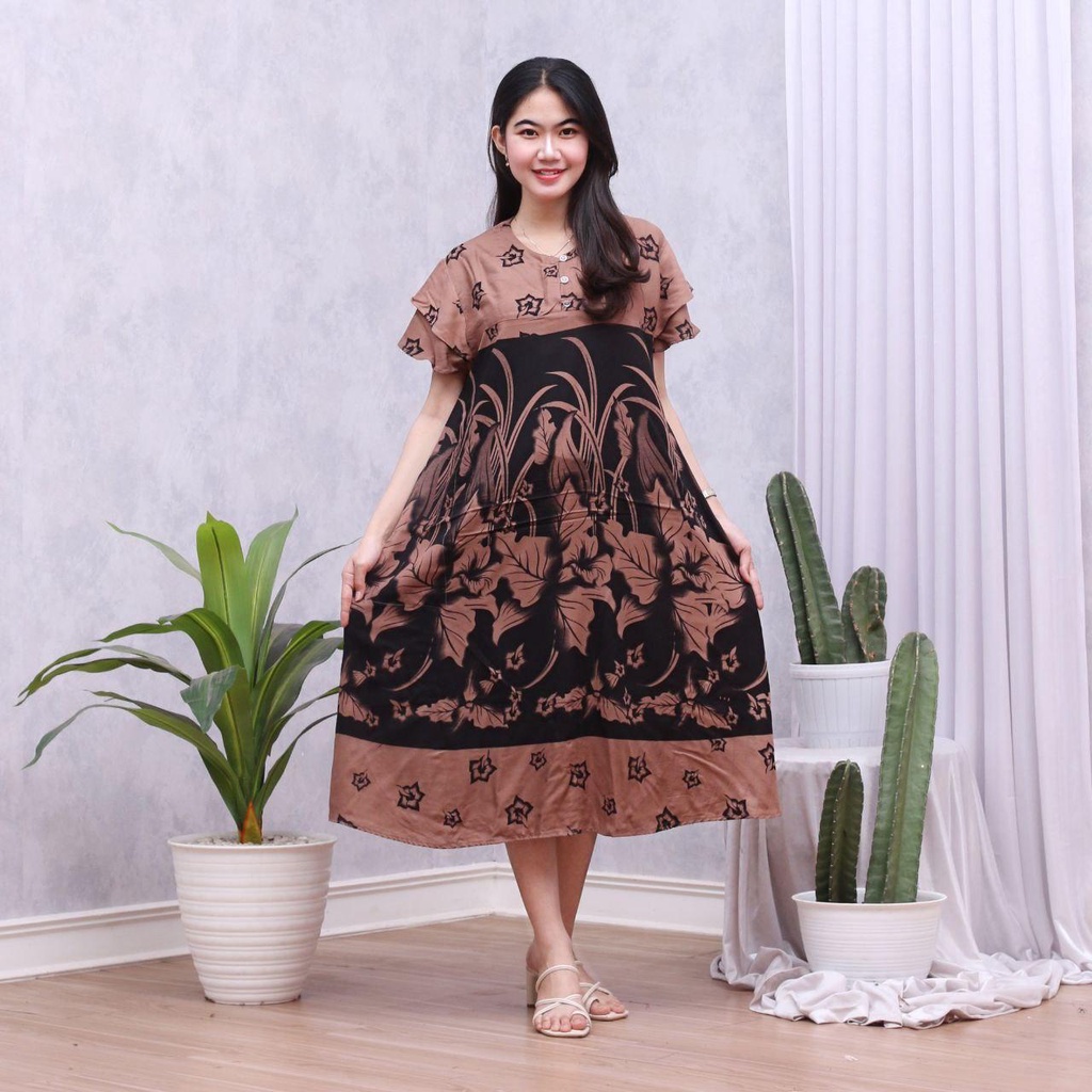 Daster Batik Lengan Pendek - Motif Daun - Leher Kancing (DPT001-133) Batik Prass-ZOEY COKSU