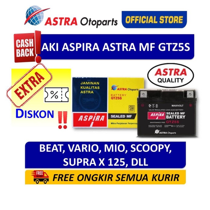 Aki ASPIRA GTZ5S MF(3.5 Ah)-Aki Motor Beat,Mio,Scoopy,Vixion,Xride,dll ORIGINAL Original