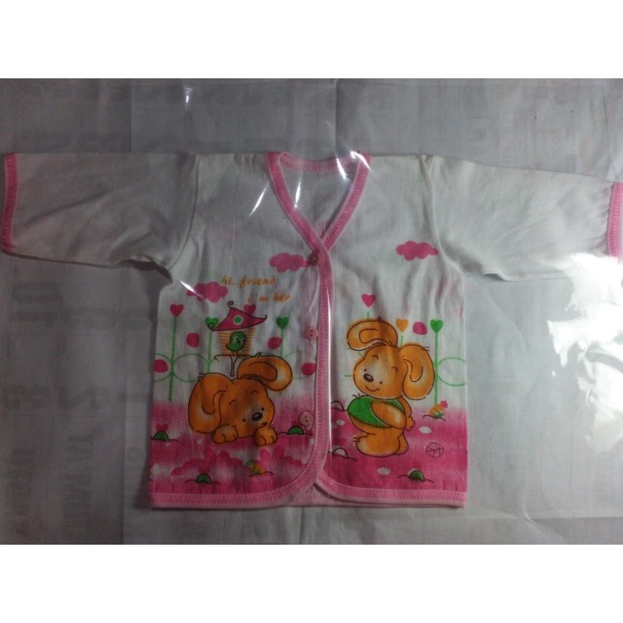 BAJU PANJANG PUTIH CD ISI 1 LUSIN Bahan CD Motif Random Boneka Pola Bayi Lengan Panjang Bahan Cotton Newborn Baby 0-12m Unisex KDE003 [450gr]