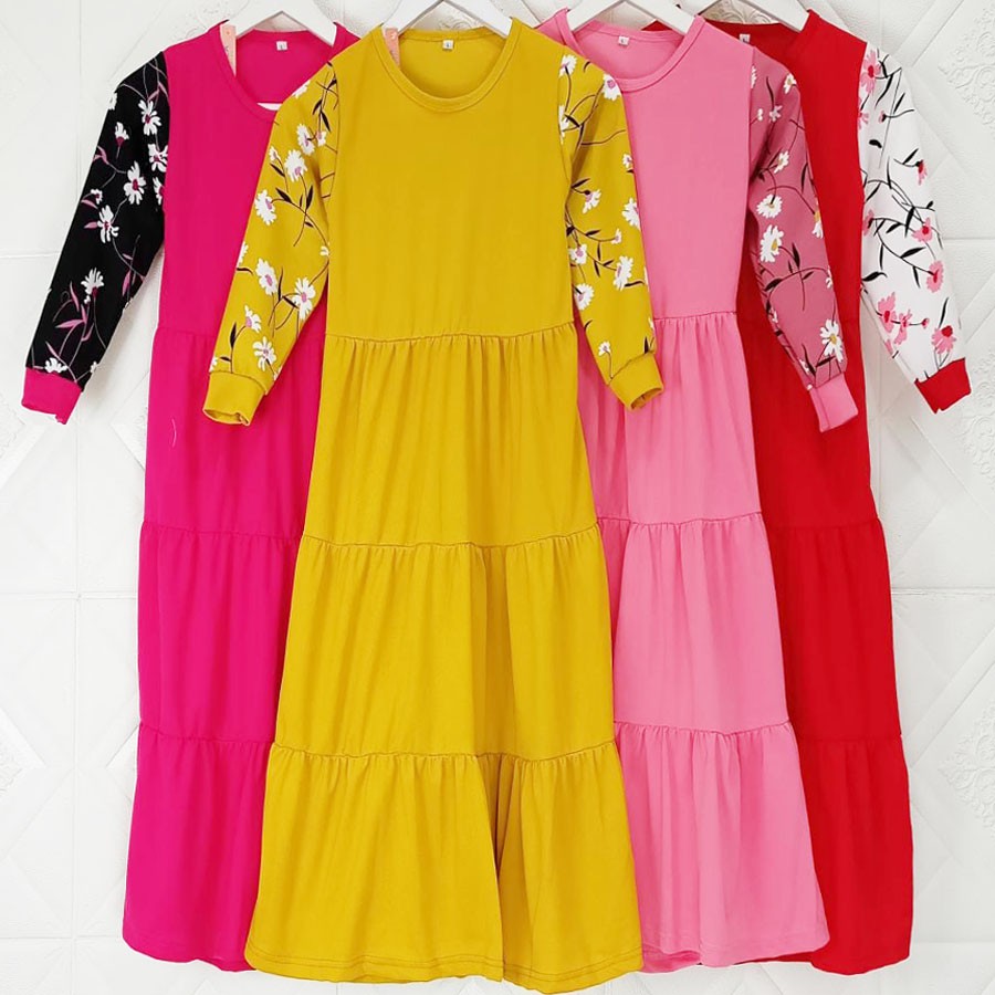 GAMIS ANAK SOLEHA 4-12tahun LENGAN BUNGA KERUT 3 TINGKAT GL FASHION