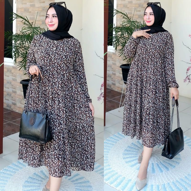 BISA [COD] Gamis Midi Dress/Gamis Motif Bunga Midi Dress