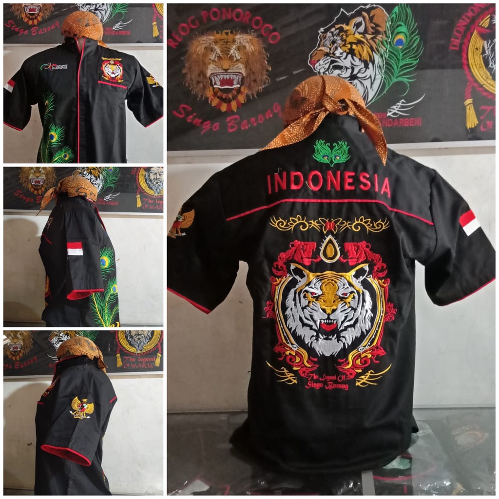 BAJU KEMEJA BORDIR GAMBAR MACAN INDONESIA / BAJU SINGO BARONG FULL BORDIR / HEM BORDIR SENI REOG PON