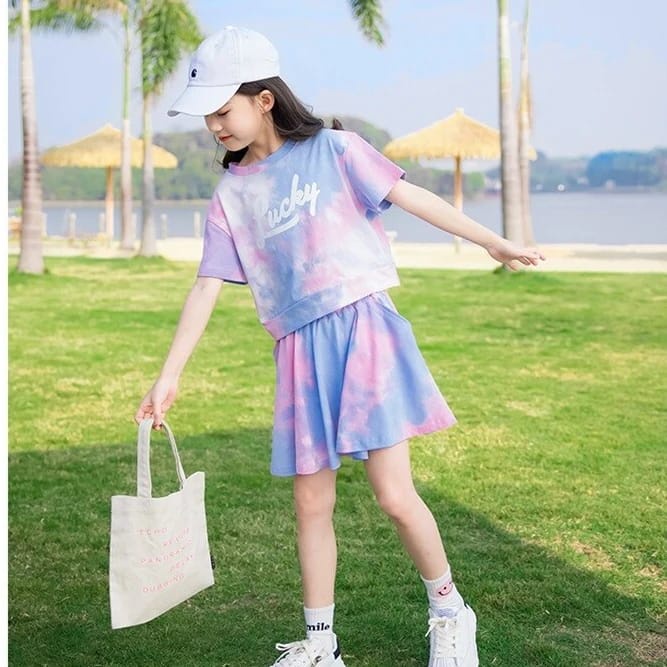 LUCKY SET BAJU SETELAN ANAK REMAJA CEWEK FASHION SPORT CASUAL TIE DYE ALA KOREA SPORTY GOLF