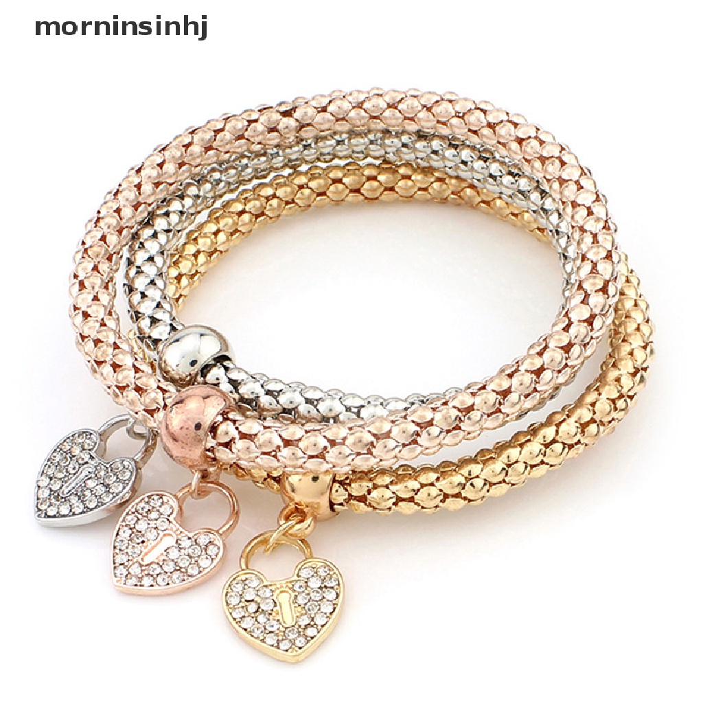 Mornin 3pcsset Gelang Bangle Elastis Dengan Charm Hati Aksen Berlian Imitasi Untuk Wanita