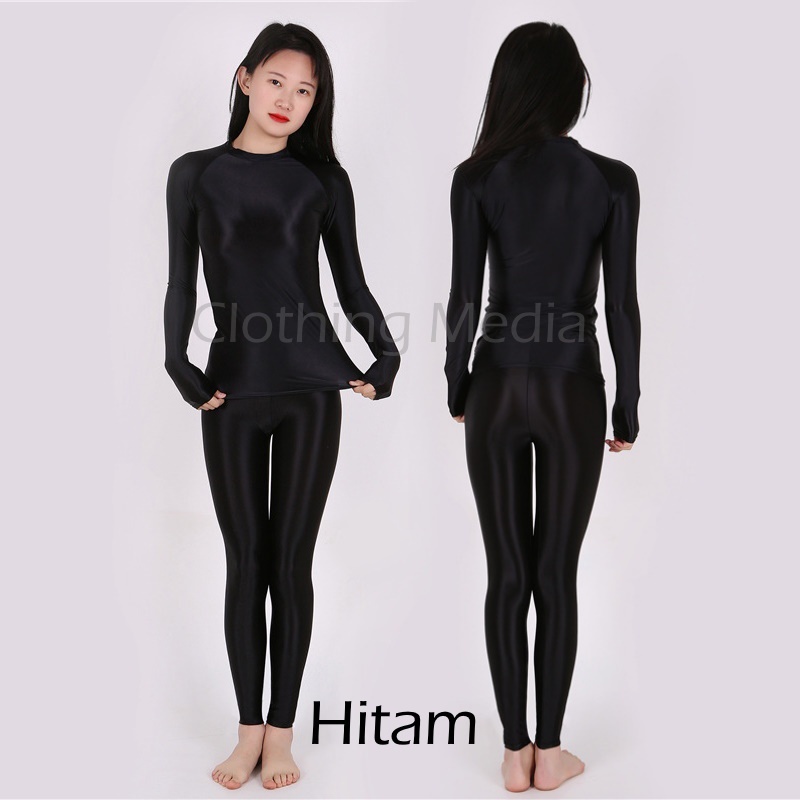 Setelan Silky Baju Lengan Panjang Celana Legging Bodysuit Glossy Manset Halus