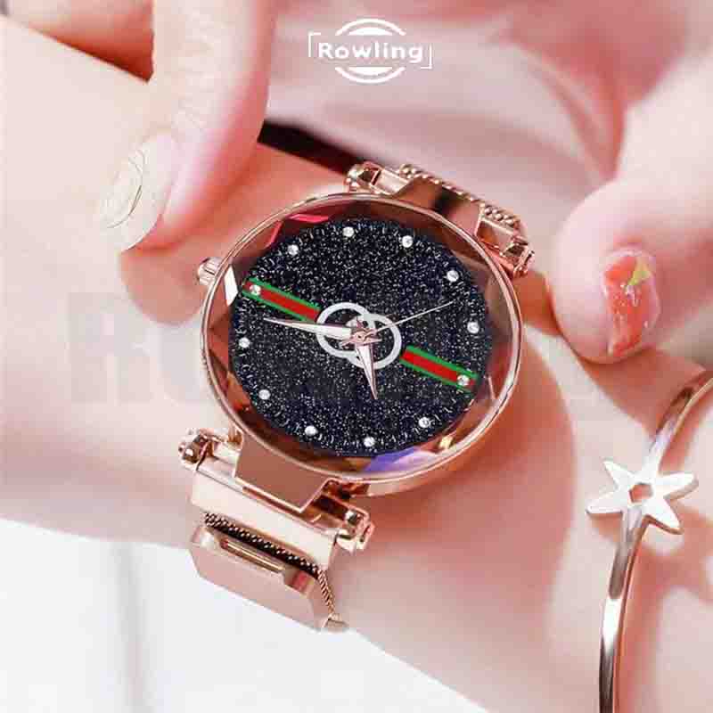 Rowling (Jam-13) Jam Tangan Analog Bulat Strap Stainless Steel  Gesper Magnet Untuk Wanita Import TANPA ACCESORIS