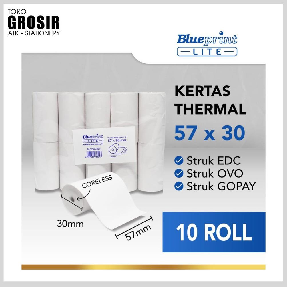 

((BISA COD)) 57X30 (1 PACK) KERTAS KASIR STRUK KERTAS THERMAL TERMAL EDC BRI PPOB BLUEPRINT LITE 57MM CORELESS