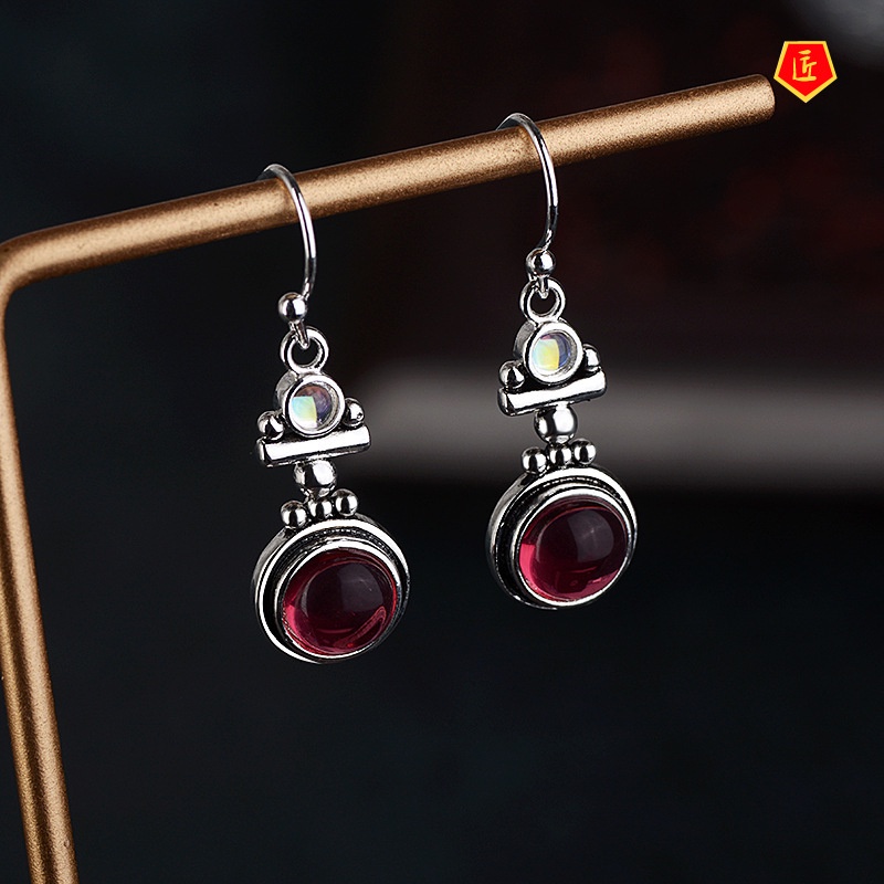 [Ready Stock]Retro Moonstone Red Agate Earrings Women's Fashion