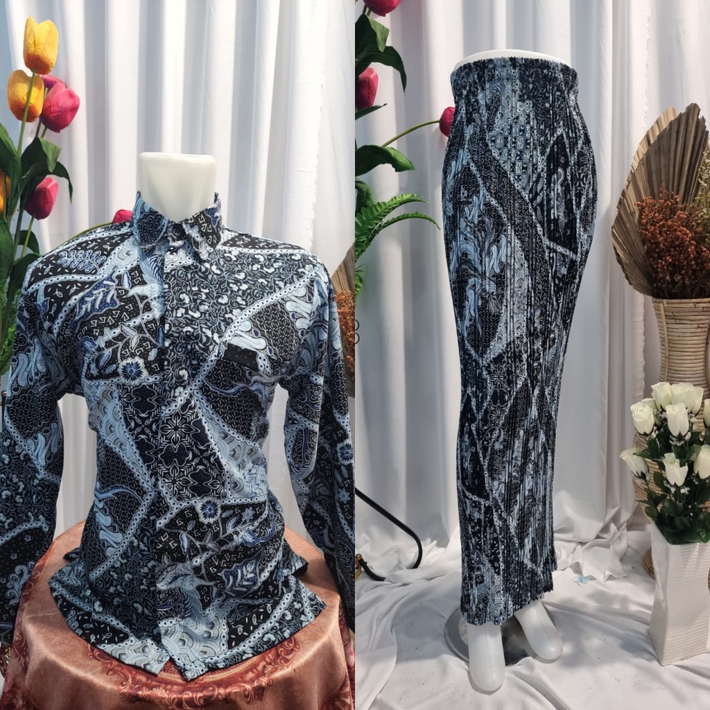 HN MODE - Couple kemeja batik panjang mix rok plisket motif floral terbaru