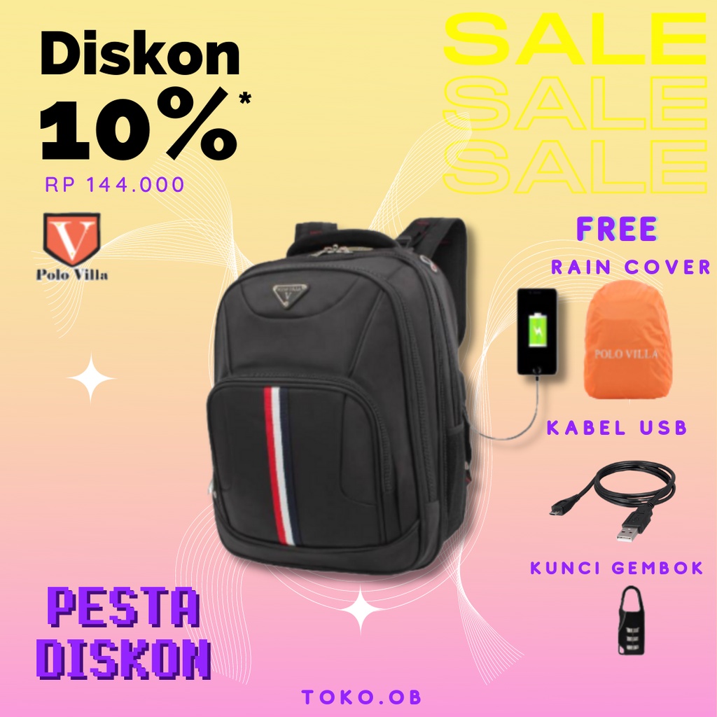 (Toko OB) Tas Murah Pria Polo Villa 14030 Tas Punggung Ransel Laptop Strip Bendera Tas Punggung