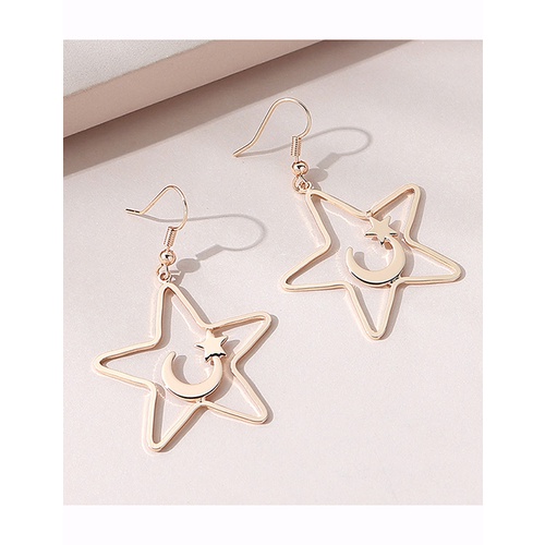 LRC Anting Gantung Fashion Golden Moon Pentagram Earrings Y65605