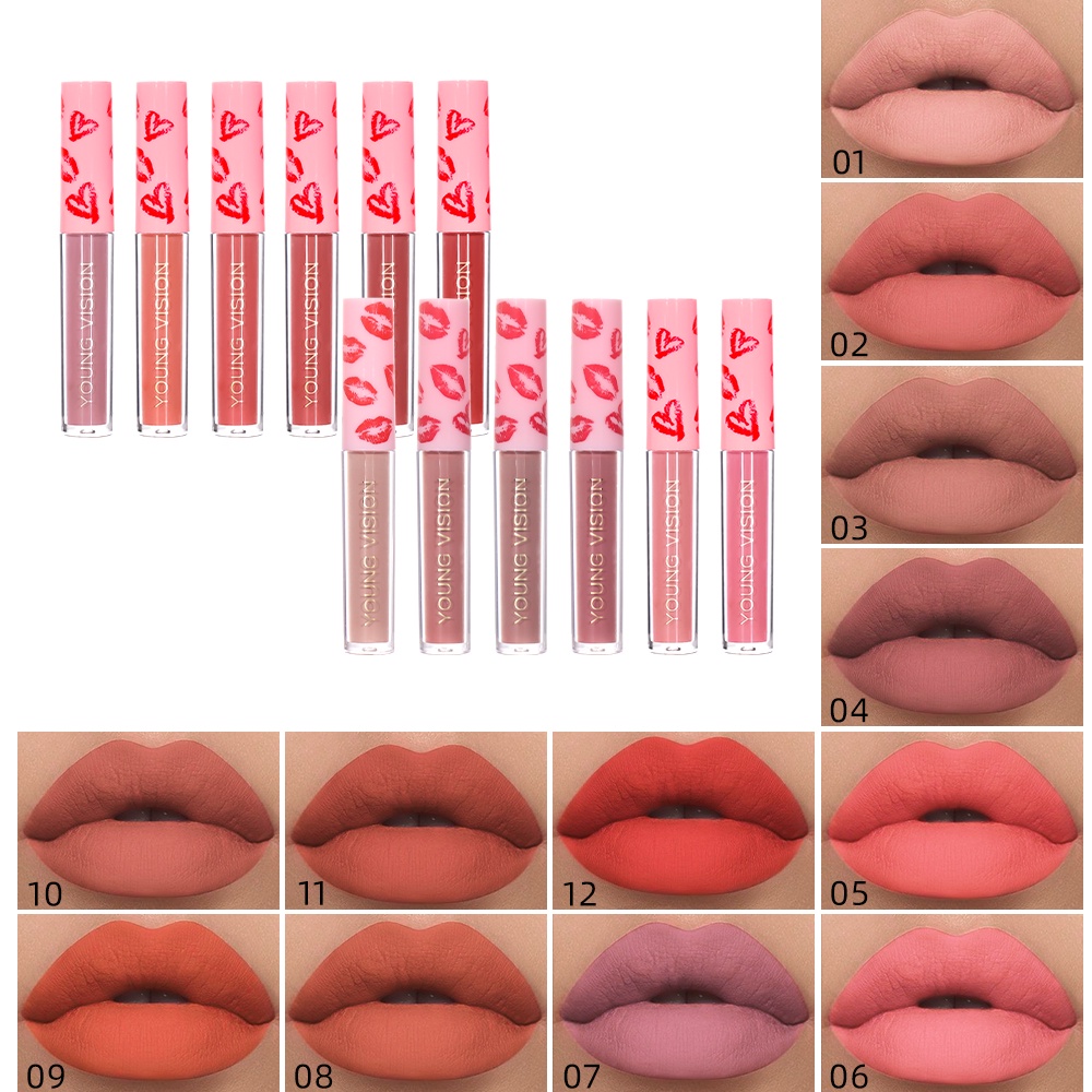 【Baru】YOUNG VISION Matte Ink Liquid Lipsticks Nude Lip Tint Colors, Waterproof and Long Lasting, Non-stick Cup Lip Stains, Labiales Matte Larga Duracion 12colors