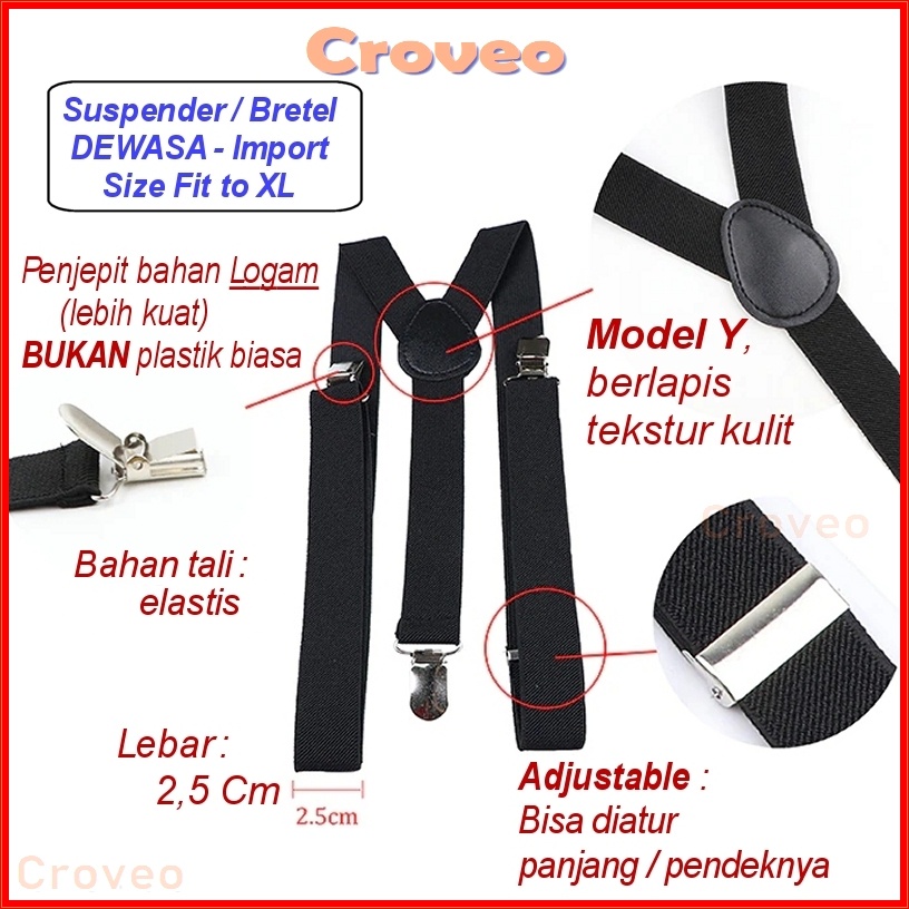 Suspender Bretel Dewasa Pria Wanita Tali Jojon 2,5 Cm Hitam Model Y Garter Ikat Pinggang Grosir Import Elastis Coklat Merah Biru Dasi Kupu Pesta Wisuda Aksesoris Pengantin Wedding Bowtie Murah Ospek Pernikahan Inch set Paket anak sabuk x Gasper Fit XL