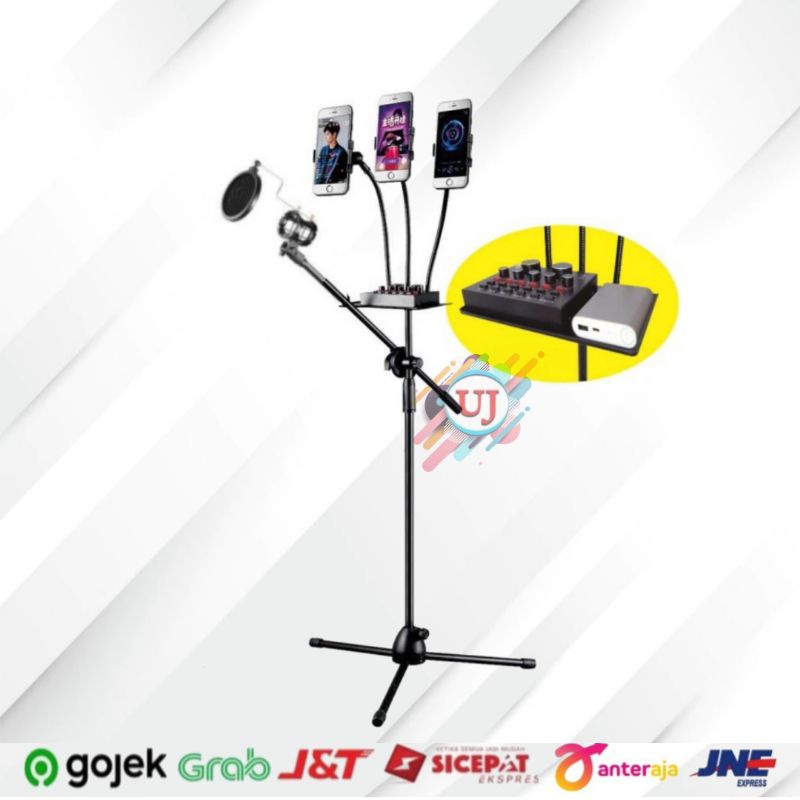 Microphone Condenser LGT240 Paket Recording Soundcard V8Plus Stand Berdiri 3xPhone Holder