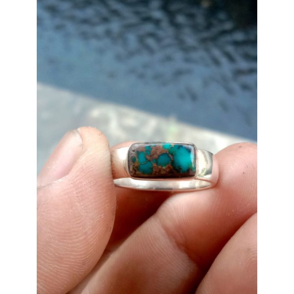 Natural batu pirus persia ceplok ring perak 925 minimalis jaminan batu asli