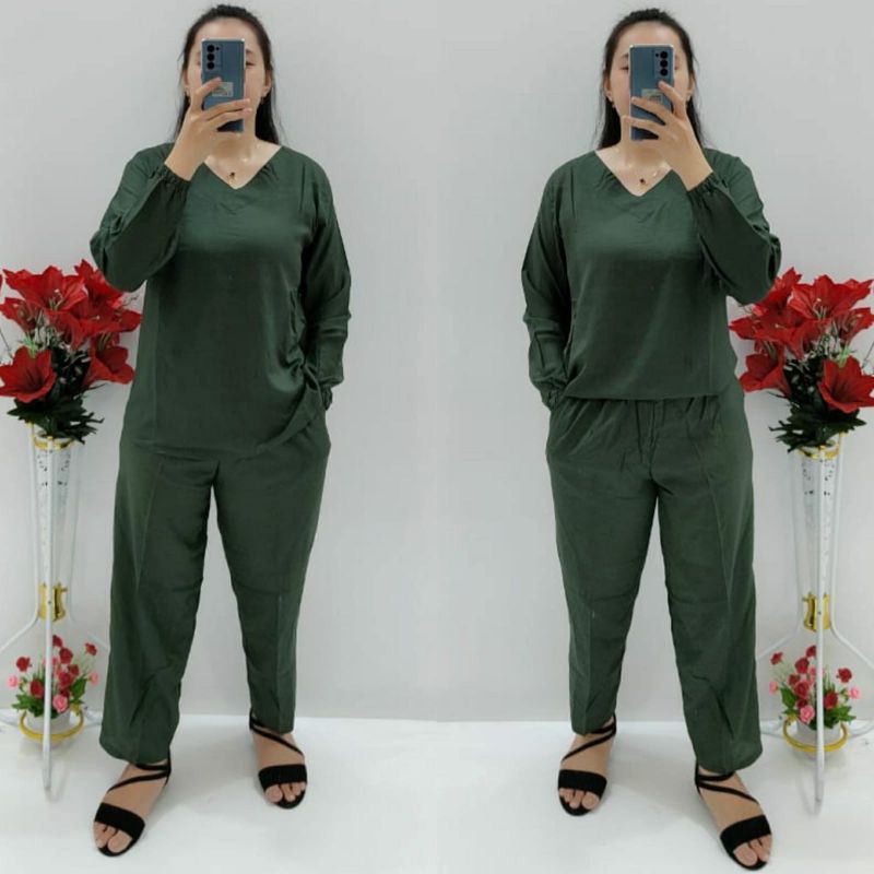 CNC - Stelan Baju Wanita Terbaru/Stelan Lengan Panjang PP Rayon Polos V Standar Dan Jumbo