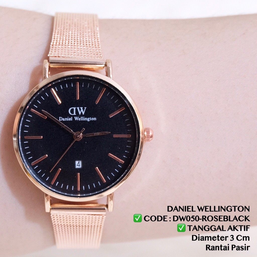 Jam tangan murah pria /  wanita / COUPLE classic rantai pasir DUA JARUM TANGGAL AKTIF DC030-ROSEBLACK TGL 3CM