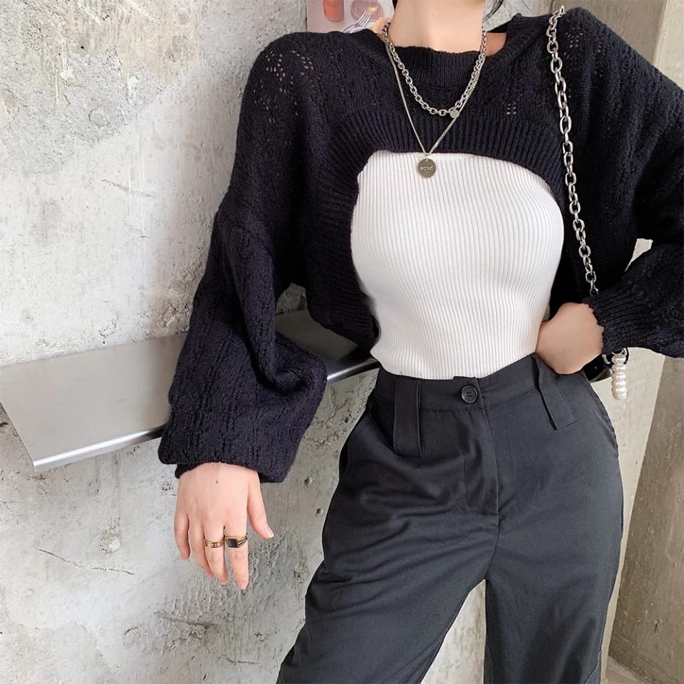 Fashion Sederhana Rajutan Padat Lengan Panjang Hollow Short Pullover Wanita Sweater Rajut Jatuh Crop