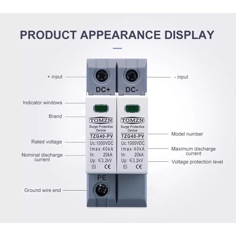 SPD DC 1000V 800V 600V 20KA~40KA Surge Arrester Protector Protective Low-voltage