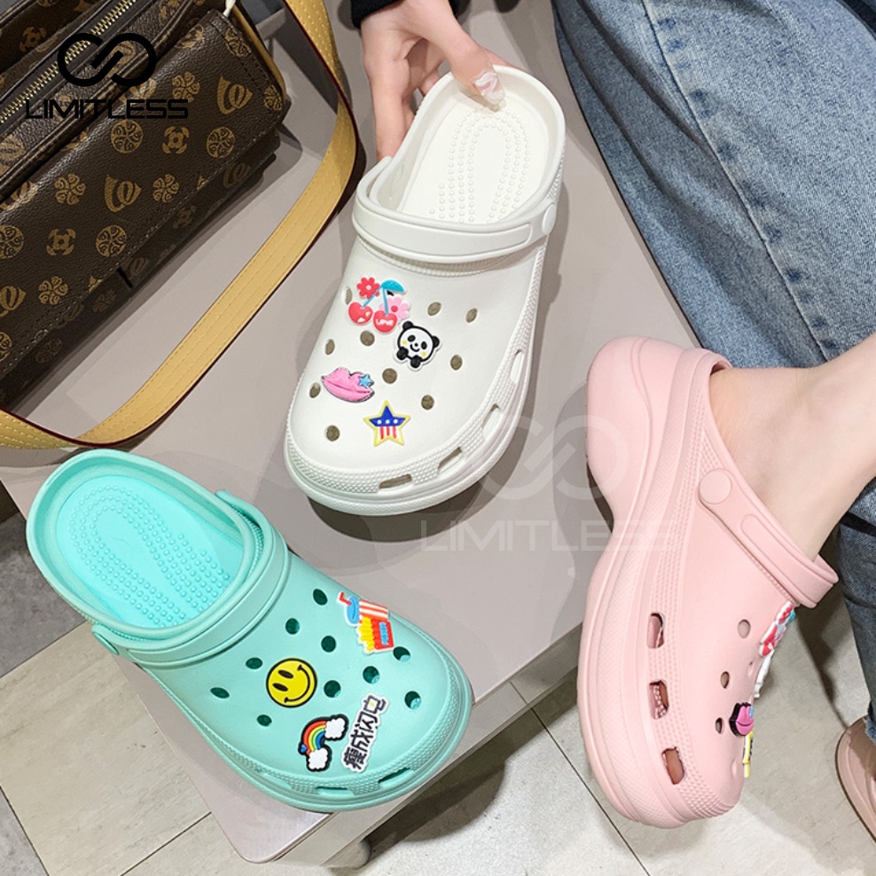 Sandal Platform Wanita Terbaru Sandal Fuji Model Bakpao Karet Tinggi Jibbitz Lucu Slip On Sendal Croccss