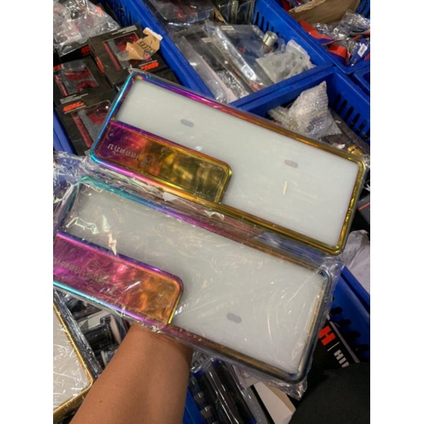 COVER BINGKAI DUDUKAN PLAT NOMOR INDONESIA RAINBOW STAINLESS 1SET DEPAN &amp; BELAKANG PLUS MIKA AKRILIK