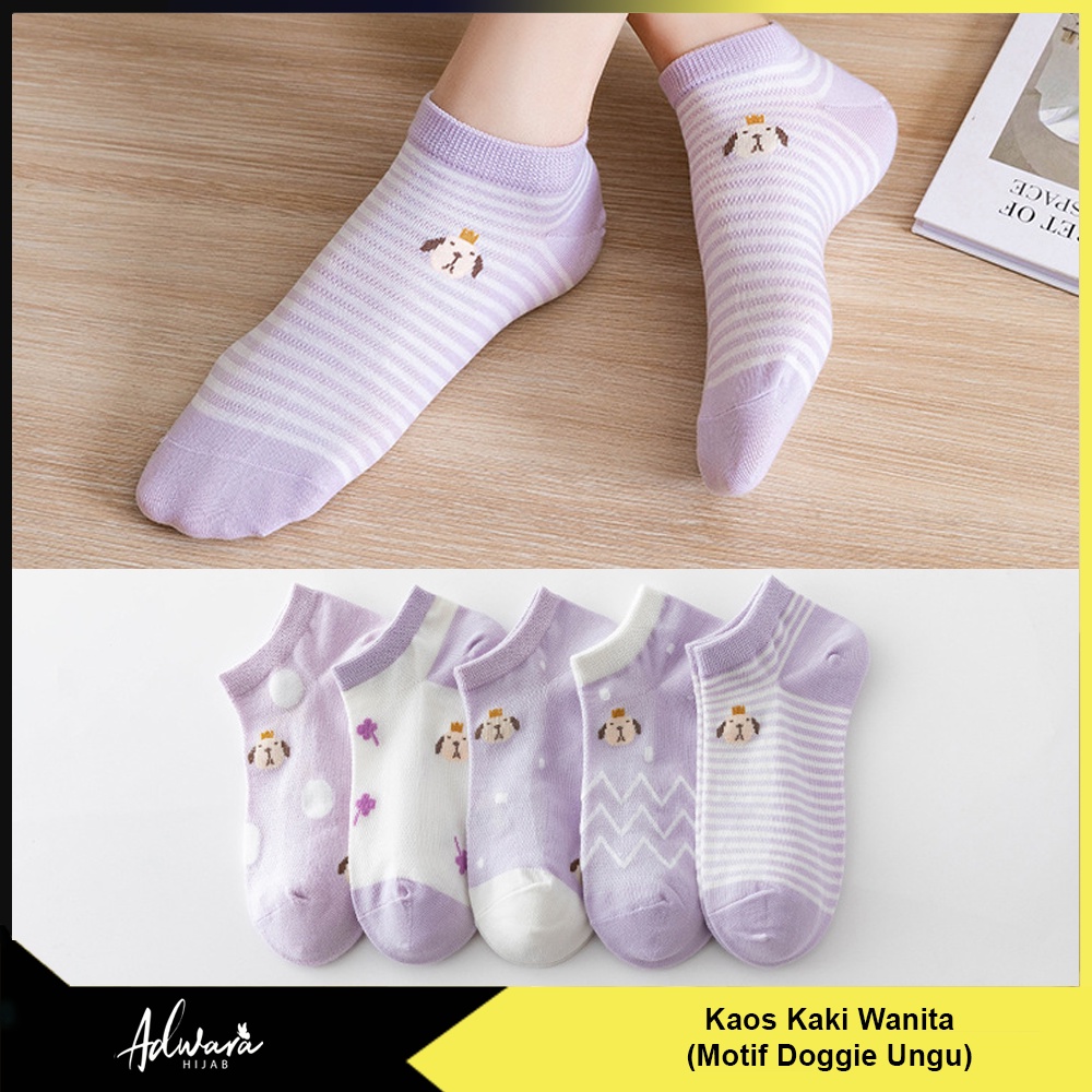 Kaos Kaki Wanita Pendek Semata Kaki Motif Doggie Ungu Gaya Fashion Korea