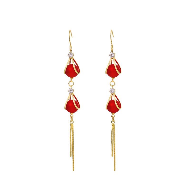 Korea air drop rumbai fashion all-match online influencer halus mutiara merah anting-anting wanita K