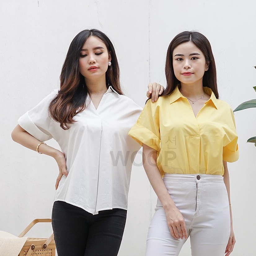 Kemeja Katun Twist Neck Atasan Wanita