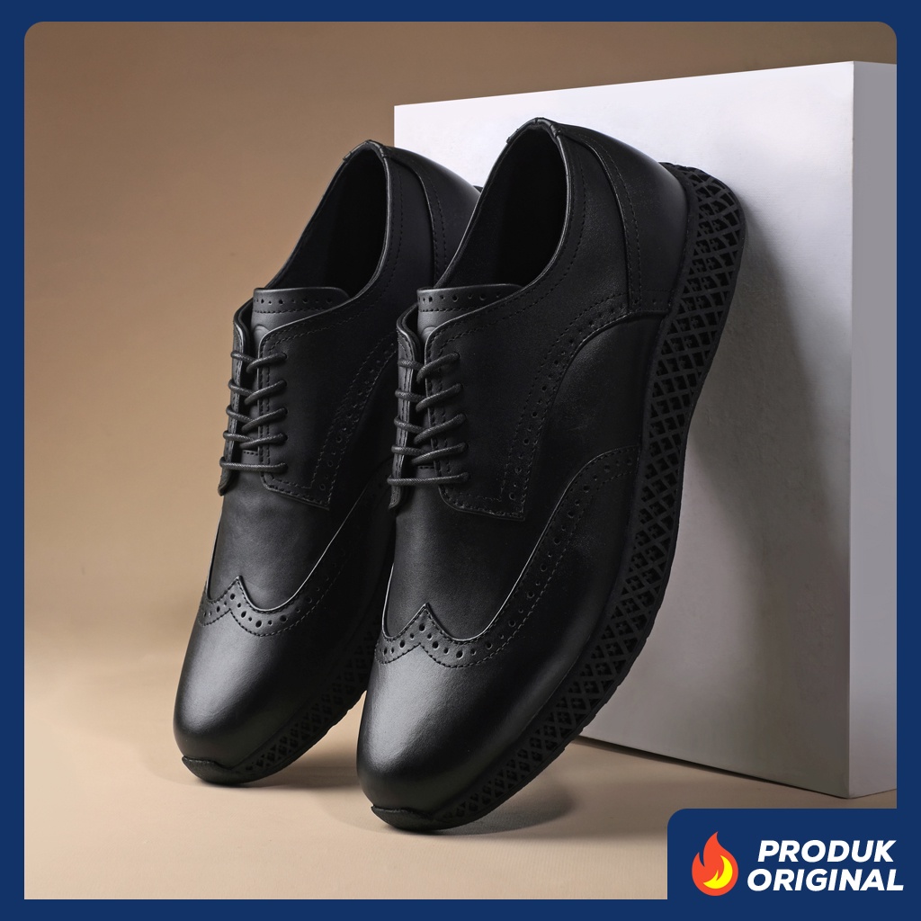 ALBERT BLACK ORIGINAL x KENZIOS Sepatu Kulit Sapi Asli Full Hitam Pria Formal Pantofel Tali Kerja Kantor Dinas Resmi Guru Kantoran Pesta Undangan Kondangan Wedding Wisuda Kuliah Semi Casual Brogue Derby Oxford Genuine Leather Kenzio Footwear Keren Terbaru