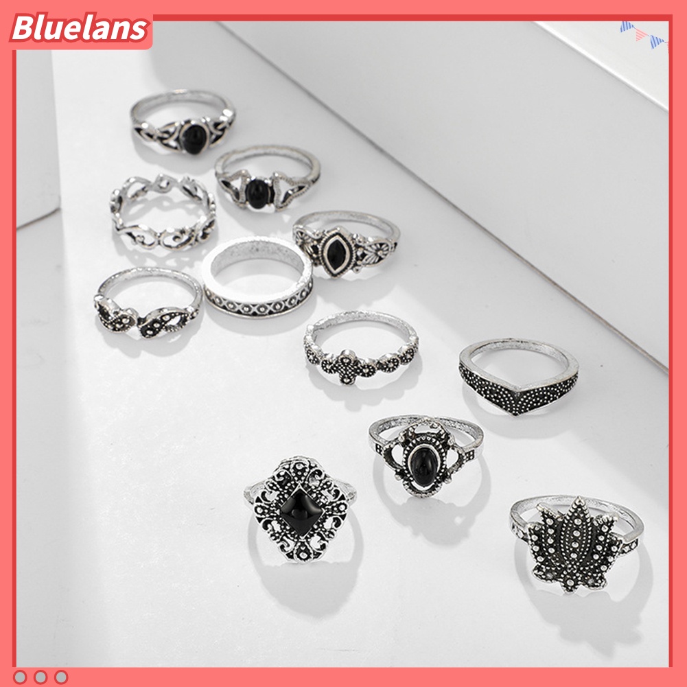 Bluelans 11Pcs / Set Cincin Motif Ukiran Bunga Teratai / Tetesan Air Aksen Hollow + Batu Permata Imitasi Untuk Wanita