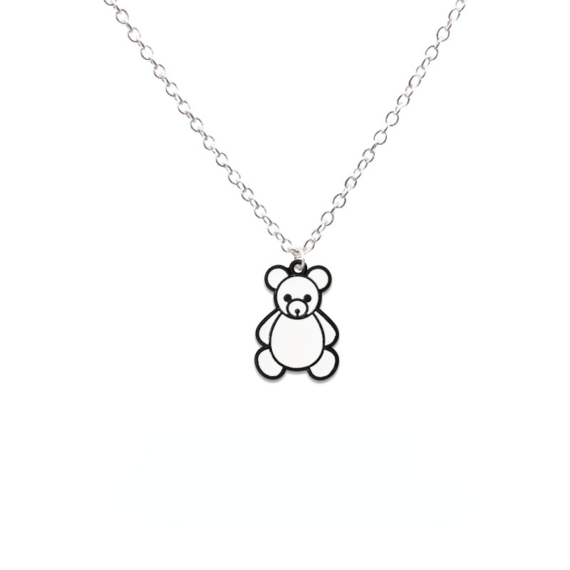 Kalung Rantai Liontin Kartun Beruang Lucu Ala Korea Warna Hitam / Putih Untuk Wanita