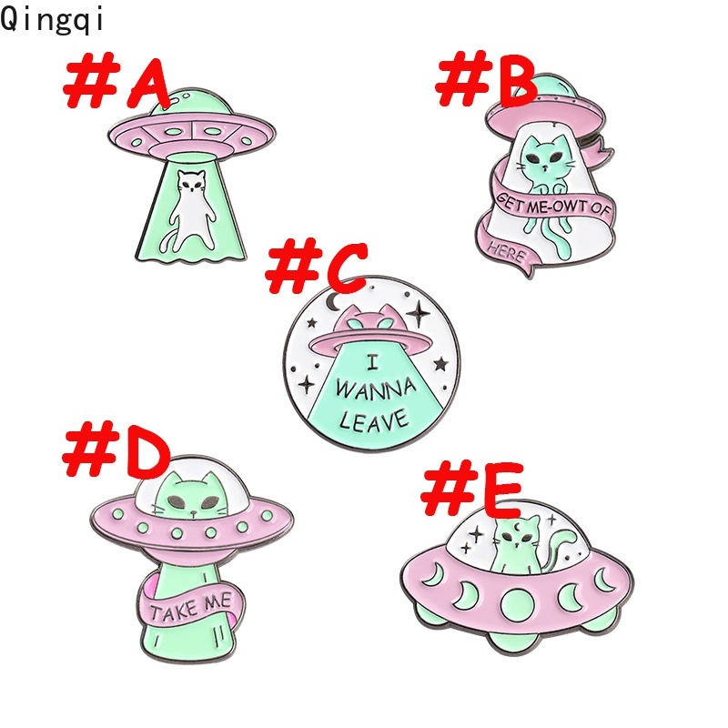 Bros Pin Enamel Desain Kartun Ufo Alien Spaceship Kucing Untuk Ransel