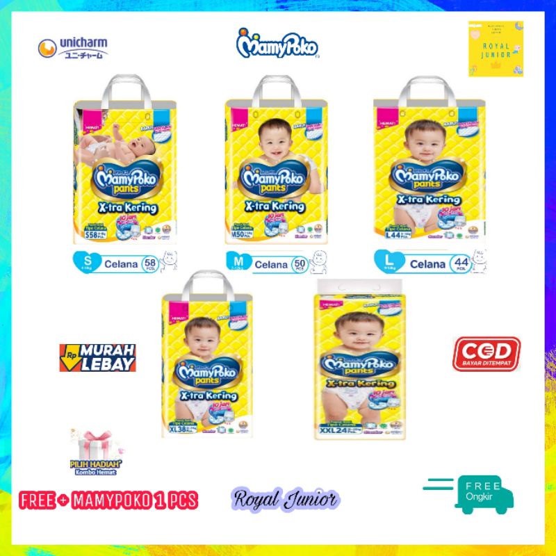 MamyPoko Pants X-tra Kering dan Merries Popok Celana ukuran L42/M48/S56/XL38/XXL28 + Khusus Pembelian Mamypoko Free Mamypoko Renceng 1 pcs