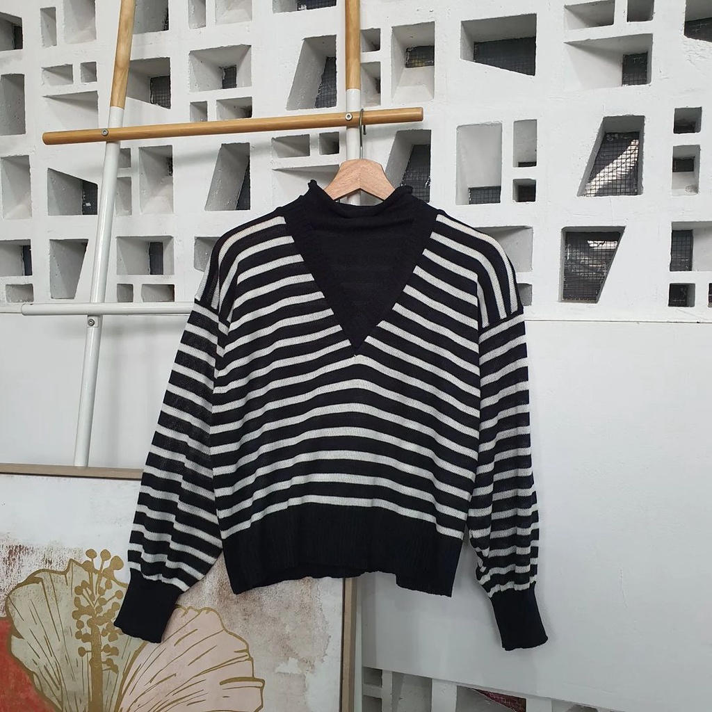 Outwear Wanita Sweater Kerah V Mix Long Neck Bahan Rajut Terbaru