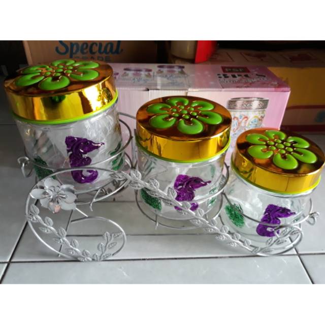 [2 kg] Toples kaca set 3 pcs + keranjang ( toples lebaran)