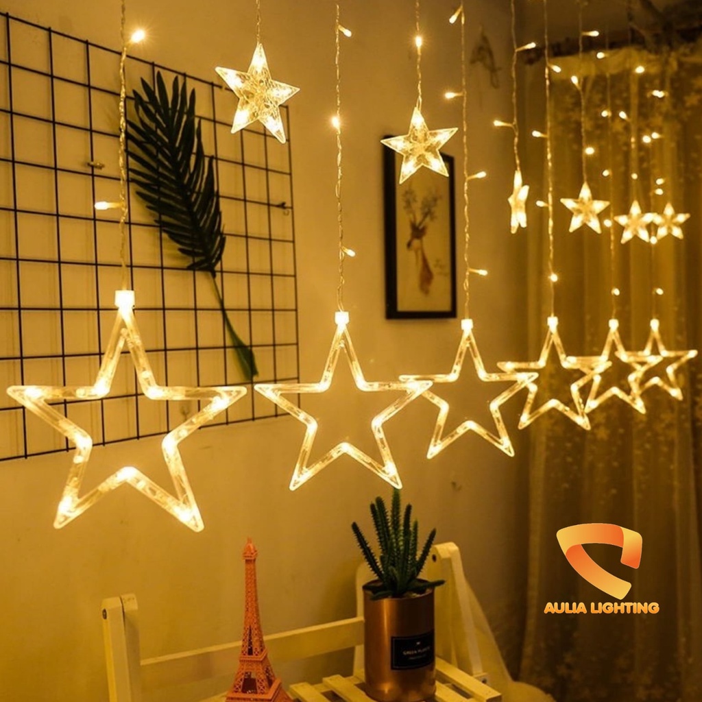 LAMPU TIRAI GANTUNG STAR MOON LED WARM WHITE HIAS KAMAR TIDUR CEWEK NATAL LEBARAN PUASA BULAN BINTANG