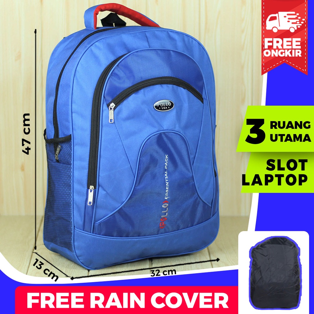 Ransel Sekolah Pria Tebal Polo Essential Biru Muat LKS Buku Paket SMA SMP Bahan Tebal Murah Bonus Raincover Backpack Polos Tas Kerja Bagus Grosir