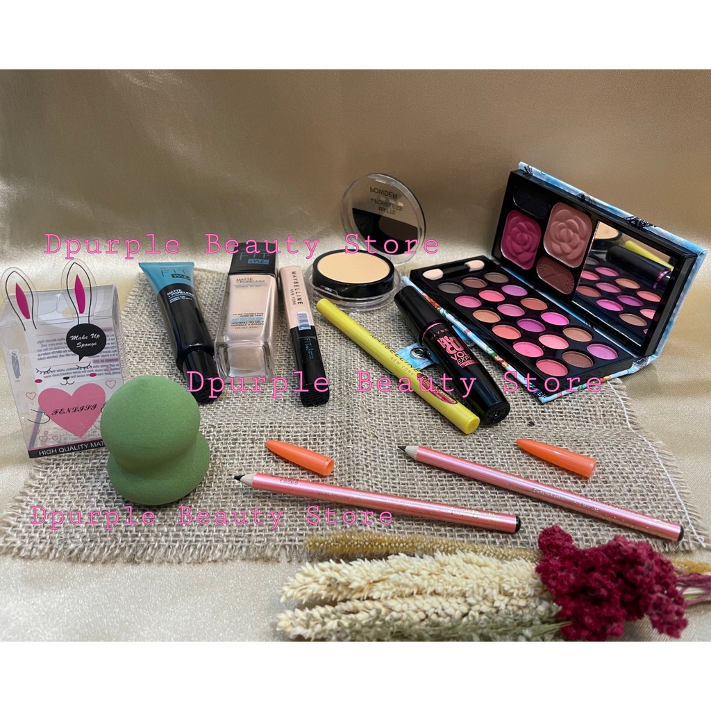 COD - Maybelline Fashion Week Set 9 in 1 - Paket Makeup Maybelline 9 in 1 - Bedak Padat - Fondation - Concealer - Primer - Maskara - Eyeliner - Lipcream - Pensil Alis 2 pcs Hitam &amp; Coklat - Gratis Beauty Blender / Spon Telur