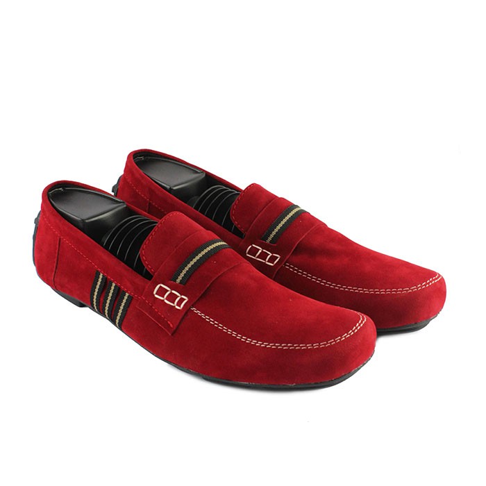 Sepatu Slip On Casual pria Formal Uno Mocasin Slop Suede Merah Hengout