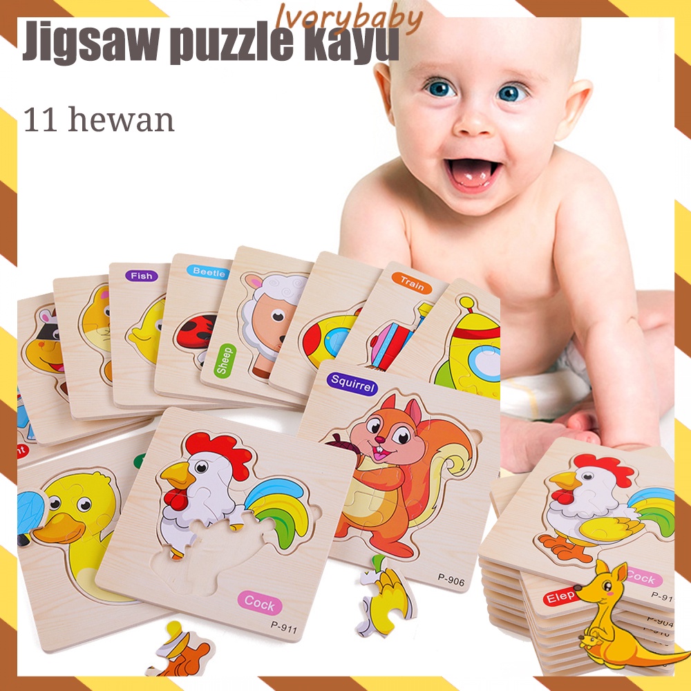 Ivorybaby Jigsaw mainan edukasi anak hewan kartun puzzle kayu bayi