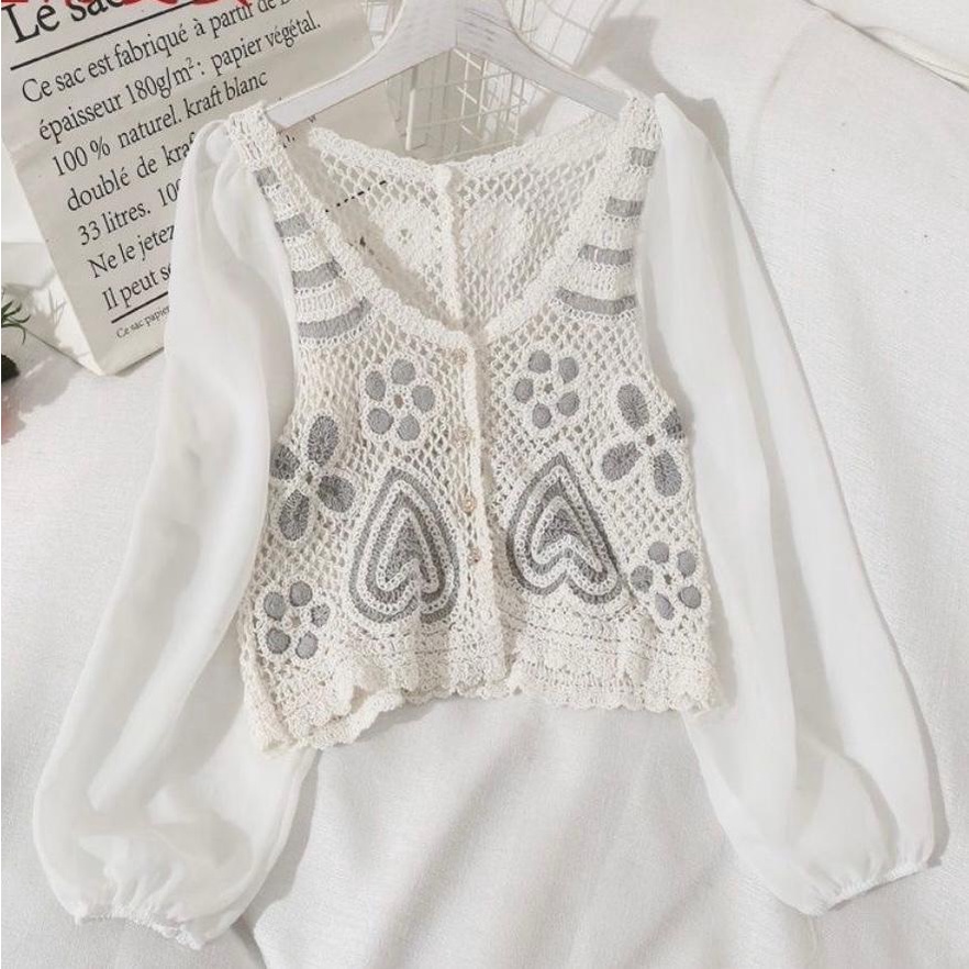 BL816 • Korean Love Pattern Blouse • Crochet Knit Crop Top • Puff Long Sleeve