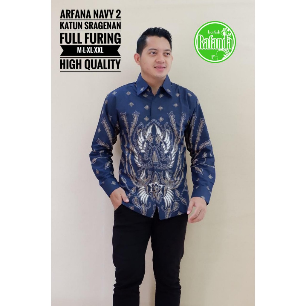 ARFANA NAVY 2 Atasan Kemeja Batik Pria Lapis Furing PREMIUM Lengan Panjang Batik Rafanda Solo