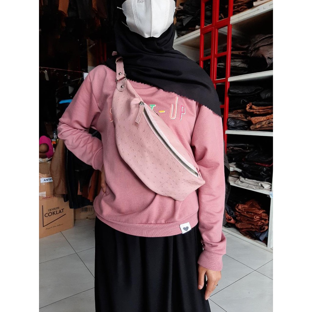 waistbag wanita kulit asli warna pink tas selempang khas kota garut