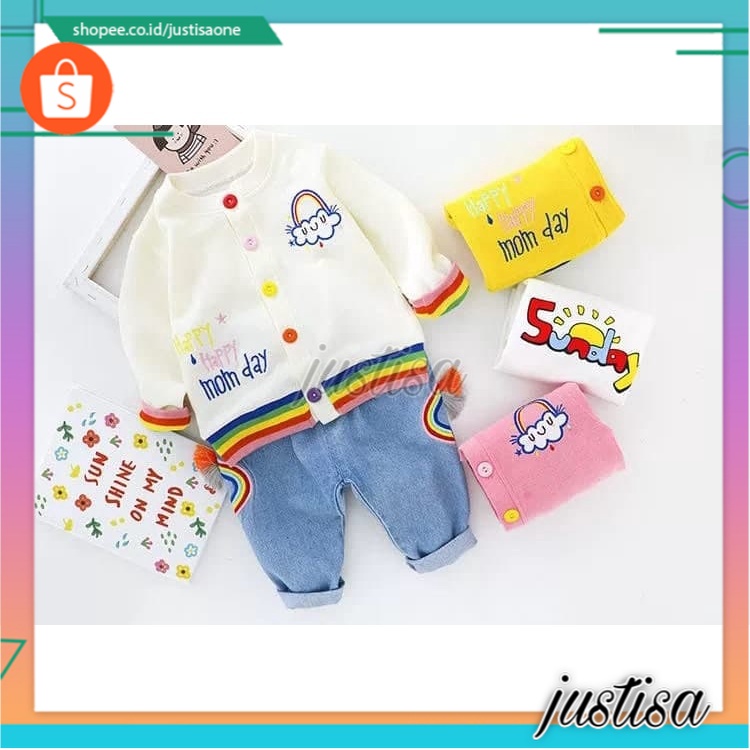 Promo !! Setelan 3in1 anak perempuan import / Setelan anak import / Setelan 3in1 sunday rainbow happy ukuran 1-3 tahun
