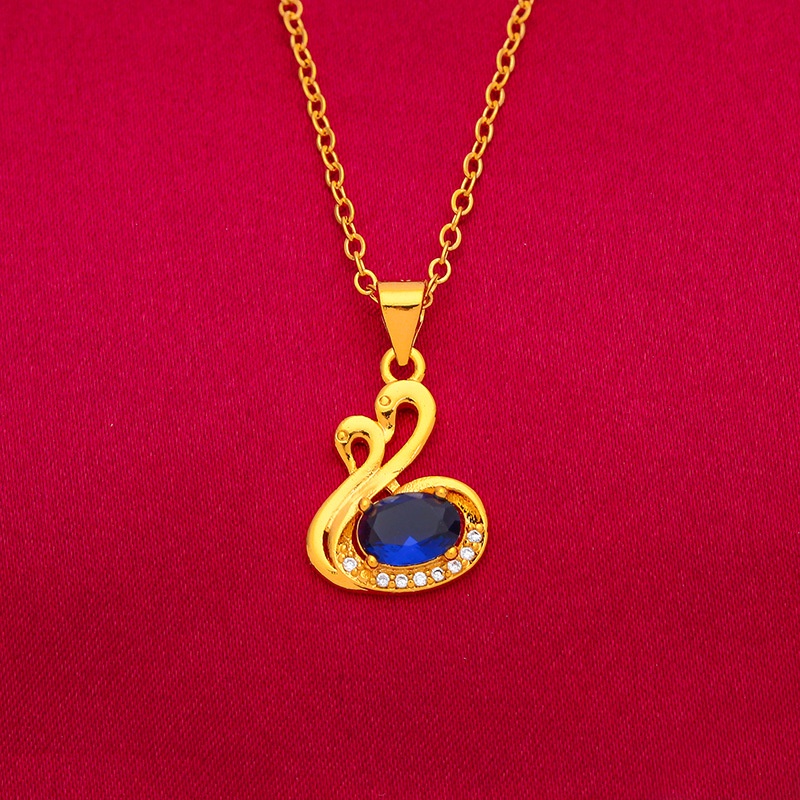 Kalung Lapis Emas Asli Kadar 375 Dengan Liontin Angsa Ruby Emerald Biru Untuk Wanita