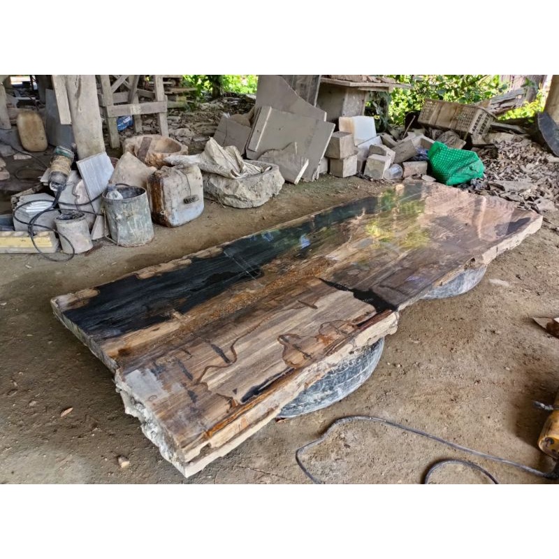 Top Table Batu Fosil Kayu